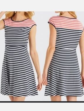 Draper James Navy & Pink Striped Fit-and-Flare A Line Dress